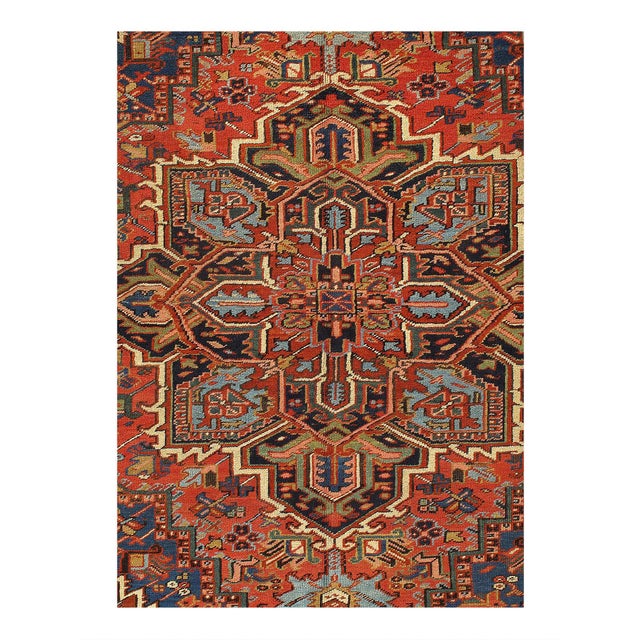 This captivating antique rug uses a central motif design that highlights the horizontal motifs more so than the vertical....