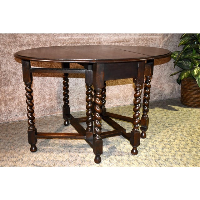 Antique Oak Tavern Style Drop Leaf Dining Table W/Barley Twist Legs