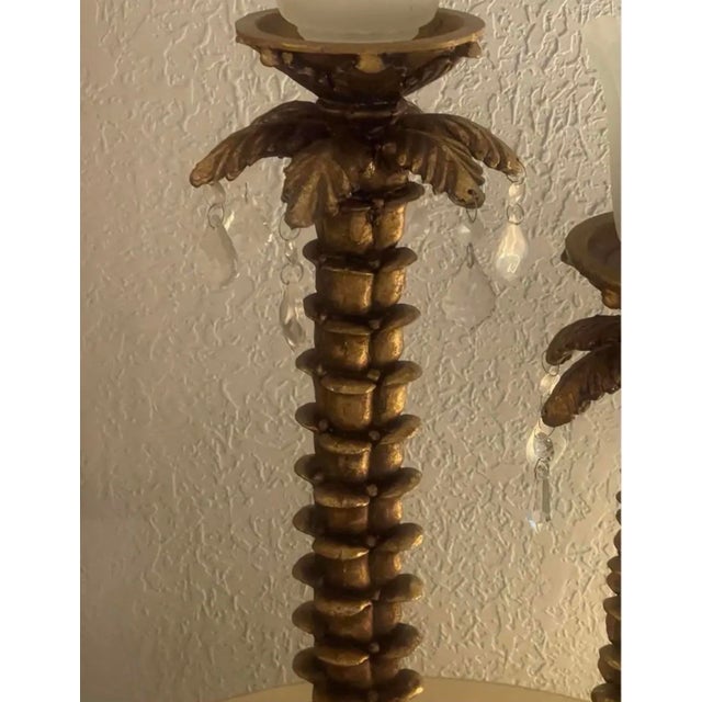 Mid-Century Modern Vintage Gold Palm Tree Candle Holders With Crystal Prisms – Pair For Sale - Image 3 of 5