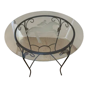 Etched Glass & Iron Round Table With Equestrian Motif