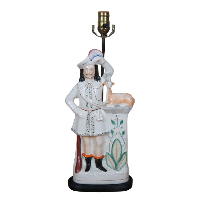 English Pair Antique Staffordshire Scottish Highlander Animal Table Lamps For Sale - Image 3 of 12