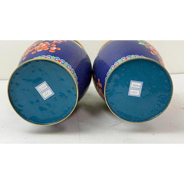 Pair of Chinese Cloisonne Enamel Vases Blue Ground With Red Berries For Sale - Image 9 of 12