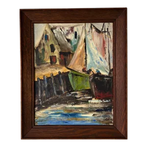 1960's Mid- Century Impressionist Painting of Fishing Boats in Harbor , Framed
