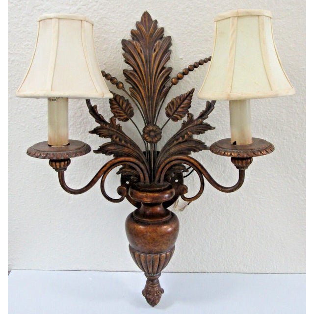 Traditional Pair of 1960s Fine Arts Company Wood and Metal Plant Urn Two Light Wall Sconces For Sale - Image 3 of 9