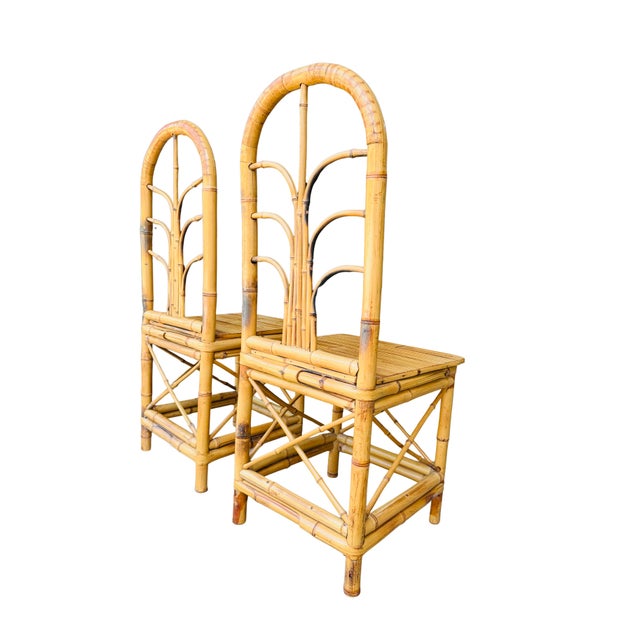 Wood Pair of Vintage Hollywood Regency Bamboo & Rattan Dining Chairs | Palm Beach Coastal Chinoiserie Bent Bamboo High-Back Accent Chairs For Sale - Image 7 of 13