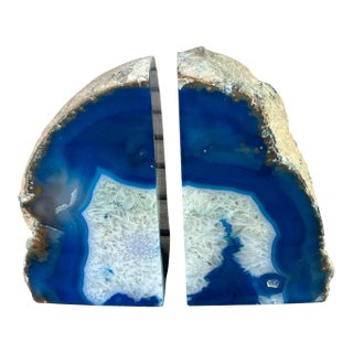 Vt Blue Agate Geode Bookends: Polished Natural Stone Pair For Sale