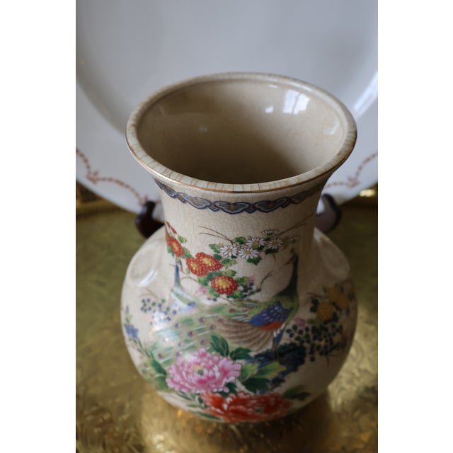 Vintage Japanese Chinoiserie Peacock & Peony Crackle Glaze Porcelain Vase by Andrea by Sadek — 9.5" For Sale - Image 4 of 18