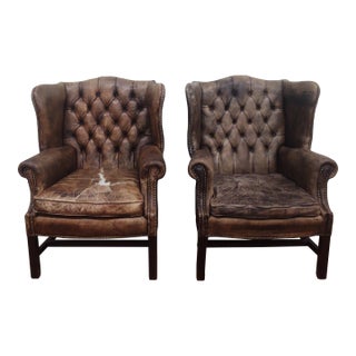 1930s English Georgian Style Wingback Library Chairs- a Pair For Sale