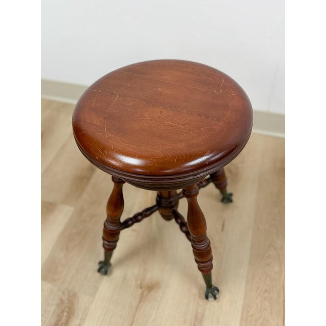 Vintage Victorian Adjustable Piano Stool Brass Claw Ball Feet Turned Wood For Sale - Image 10 of 10