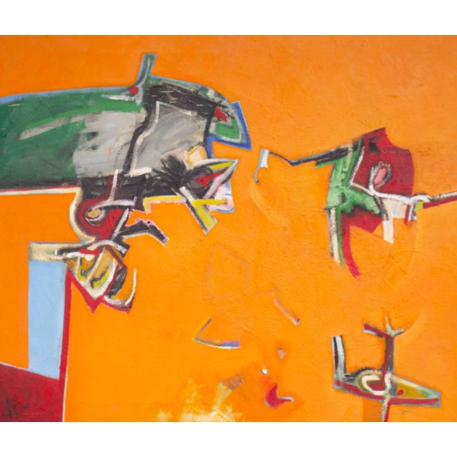 An oil on canvas painting by the American artist James L. Bruch (1942-2023). This colorful abstract work has a vibrant...