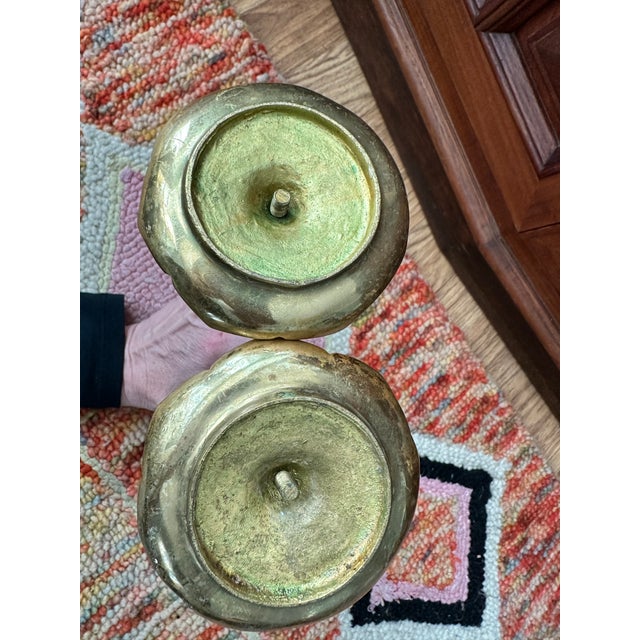 Pair of Vintage Brass Candlesticks, Floral Engraved, C. 1960s For Sale - Image 4 of 6