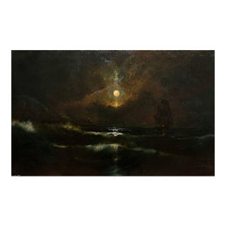 19th Century American School Moonlit Seascape and Shipwreck Oil Painting For Sale