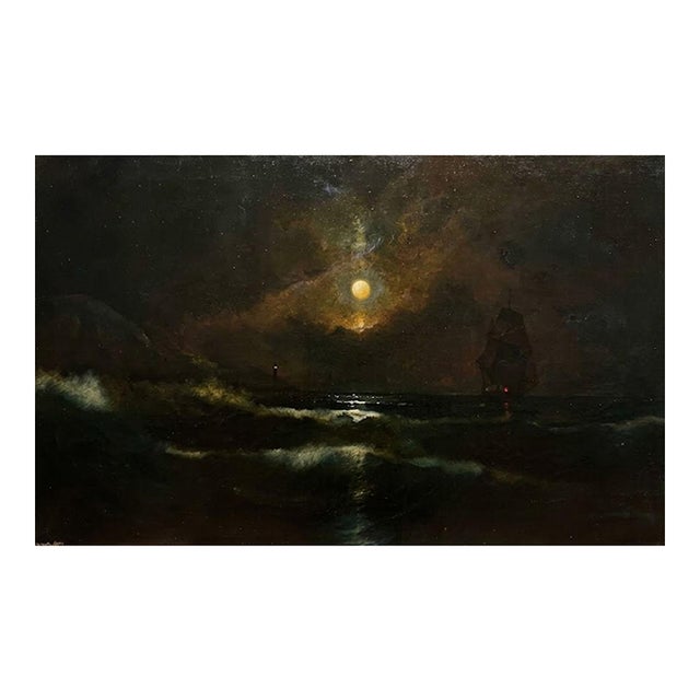 19th Century American School Moonlit Seascape and Shipwreck Oil Painting For Sale