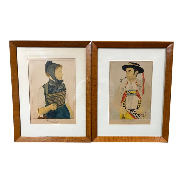 Vintage Framed Lithographic Prints From a Series Titled "Costumes Suisses" (Swiss Costumes) by Artist Kurt Wirth For Sale