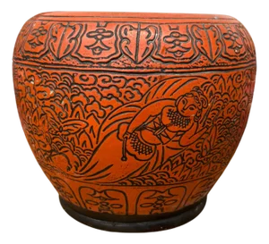 Burnt Orange Cinnabar Hibachi with Hand-Carved Designs