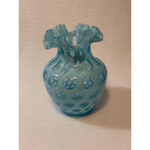 Glass 1940s Fenton Blue Opalescent Coin Dot Vase 8.5” For Sale - Image 7 of 7