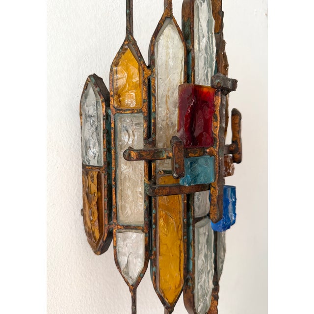 Hammered Glass Wrought Iron Sconces by Longobard, Italy, 1970s, Set of 3 For Sale - Image 11 of 12