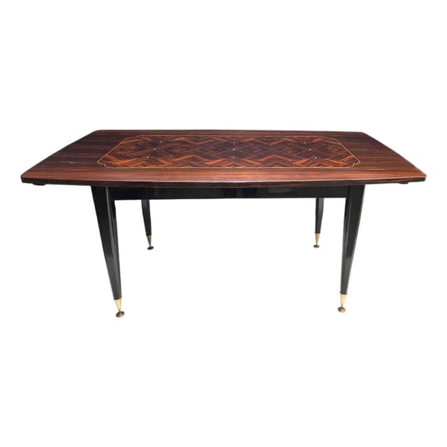 French Mid Century Macassar Ebony Parquetry Inlaid Expandable Dining Room Table W/ Leaves For Sale