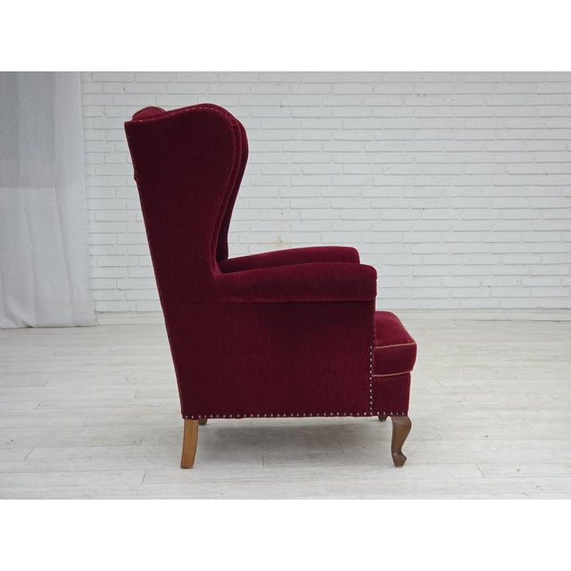Danish Highback Wingback Armchair in Cherry-Red Velour, 1960s For Sale - Image 10 of 18