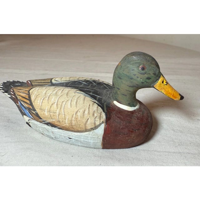 Vintage Miniature Hand Carved Wood Folk Art Mallard Drake Duck Decoy Sculpture For Sale In New York - Image 6 of 12