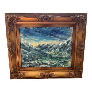 Mid 20th Century Original Sunset and Mountains Painting by L.Klein, Framed in Wood and Gesso