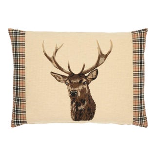 Scottish Stag Beige Tartan Cushion With Tartan Sides With Feather Filler - 45x60cm (18"x24") For Sale