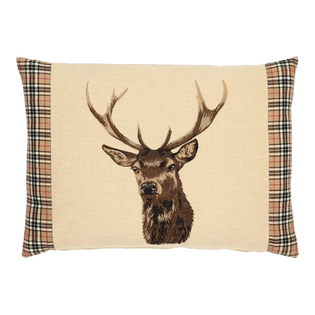 Scottish Stag Beige Tartan Cushion With Tartan Sides With Feather Filler - 45x60cm (18"x24") For Sale
