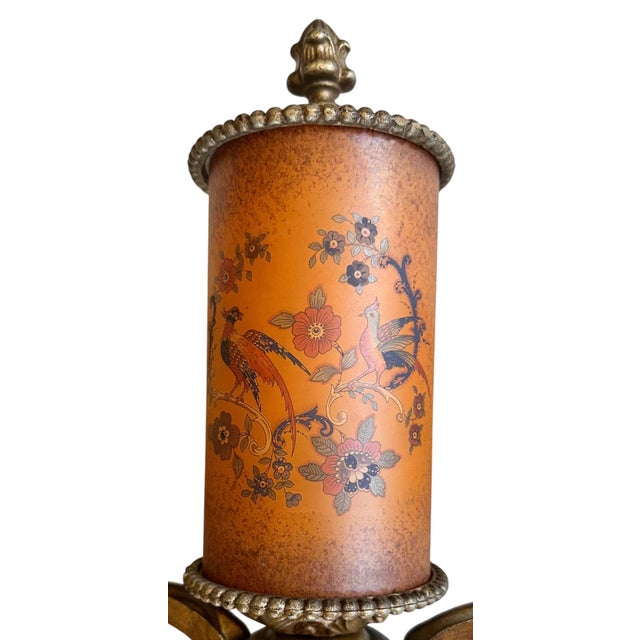 Art Nouveau 1920s Tiffin Franciscan Glass Tale Lamps in Original Old Paints, Irons SND Brass - a Pair For Sale - Image 3 of 7