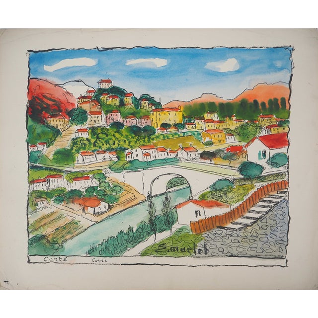 Elisée Maclet, The Village of Corté in Corsica, Watercolor, Early 20th Century For Sale