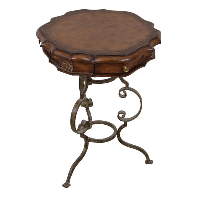 Leather Top Wrought Iron Base Mahogany Side Table For Sale