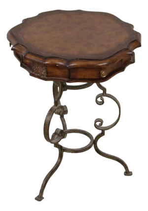 Leather Top Wrought Iron Base Mahogany Side Table