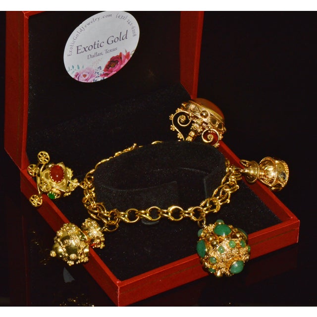 Vintage Portuguese Italian Solid 19.2k & 18k Gold Etruscan Revival Multigem Fob Charm Bracelet For Sale In Dallas - Image 6 of 15
