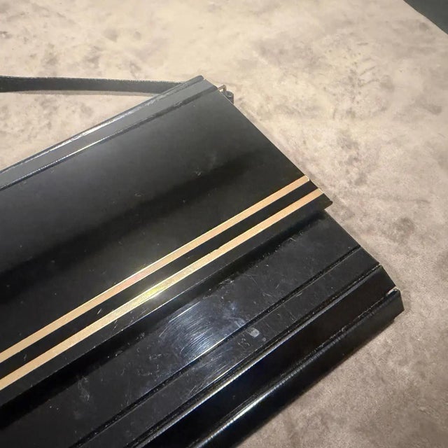 1970s Black Rodoide, Brass and Leather Italian Evening Bag For Sale - Image 9 of 15