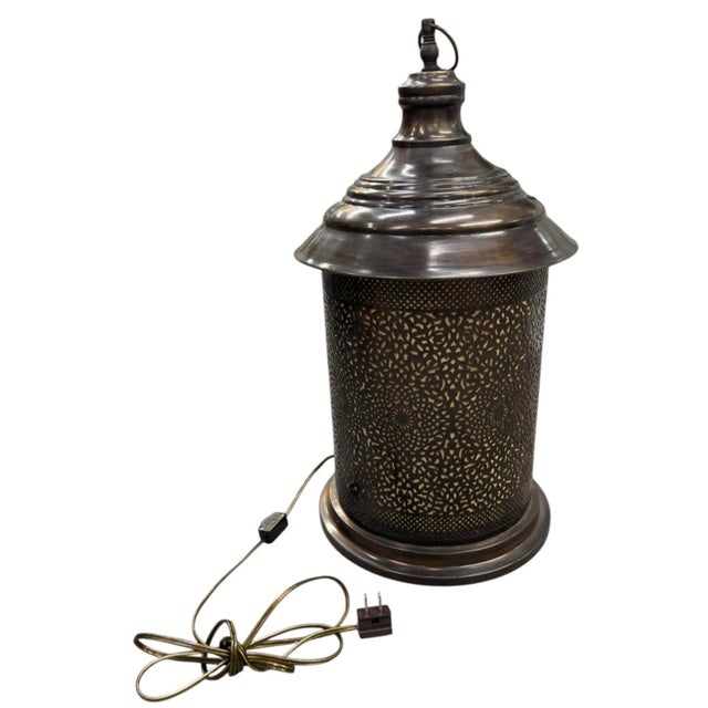 Moroccan Vintage Moroccan-Style Pierced Brass Table Lantern Lamp For Sale - Image 3 of 12
