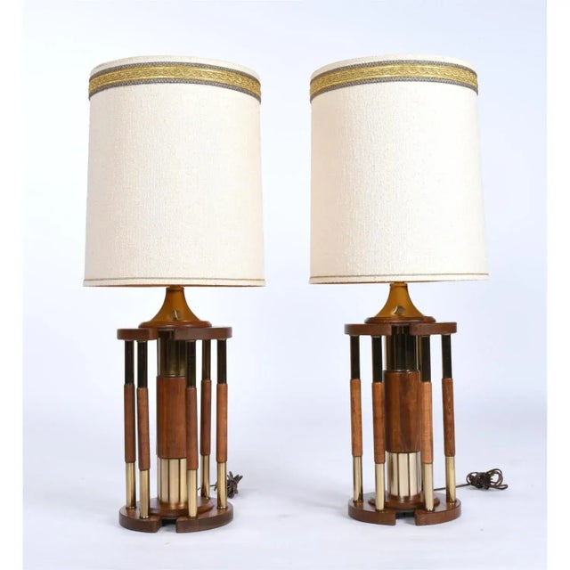 Wood Pair Post Modern Gold Brass and Oak Wood Large Table Lamps For Sale - Image 7 of 10