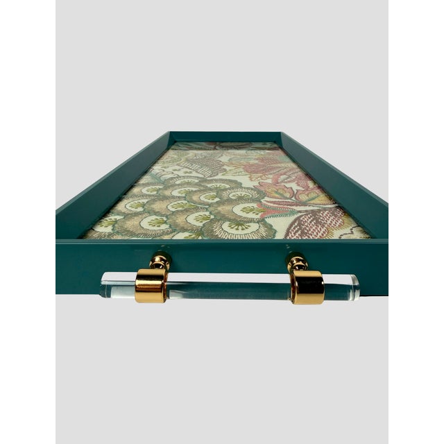 2020s Custom Tray Lee Jofa Embroidered Linen Teal For Sale - Image 5 of 11