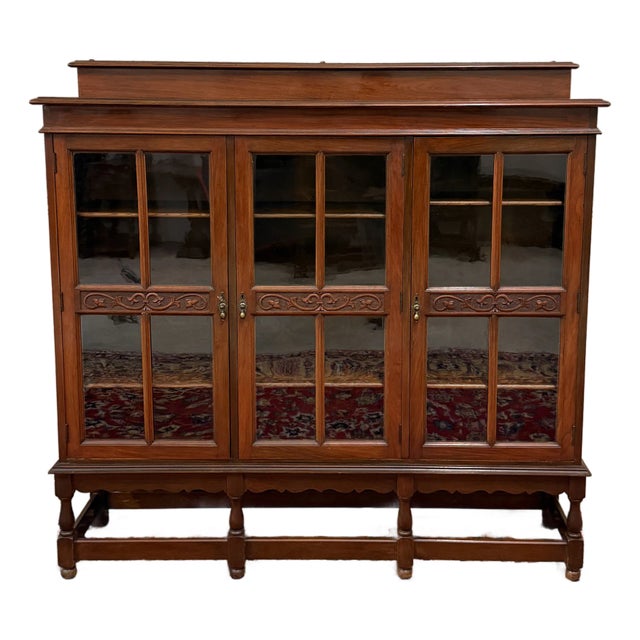 Antique English Jacobean Bookcase Bookshelf Cabinet Wavy 3 Door Glass Mahogany For Sale