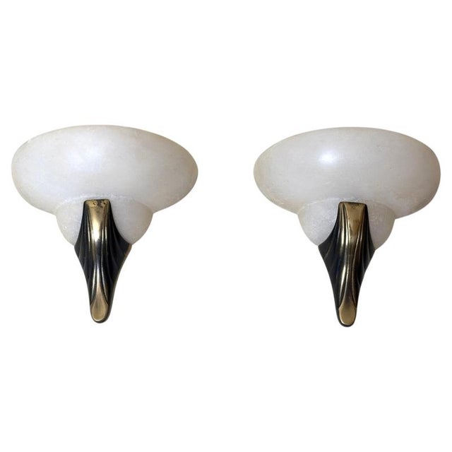 Art Deco Style Hand-Carved Alabaster and Brass Wall Sconces, 1980, Set of 2 For Sale - Image 15 of 15