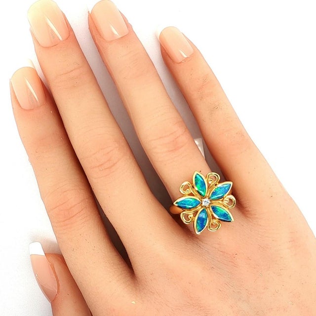 Contemporary Mid 20th Century Kabana Fire Opal Diamond Ring in 14k Yellow Gold Flower Design Size 7.5 For Sale - Image 3 of 7