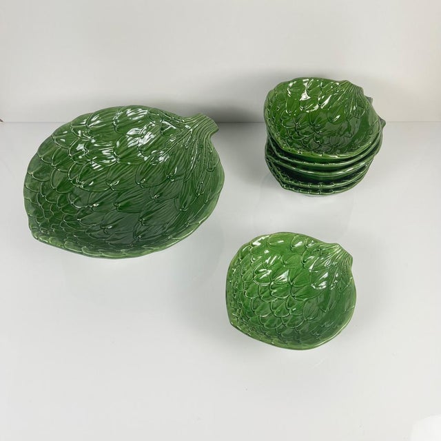 Vintage Artichoke Leaf Green Earthenware Salad Set: Salad Bowl + 6 Bowls, 1970s Earthenware set with a floral design,...