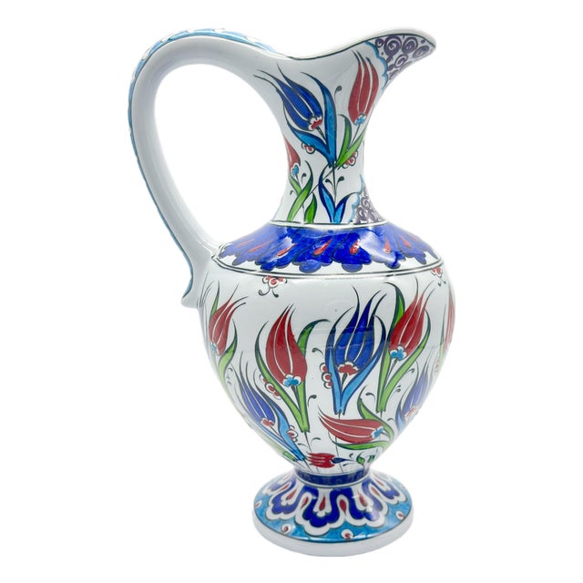 Handmade Ceramic Footed Pitcher Vase (30cm) – Classic Red Tulip Pattern – Timeless Ottoman Art Decor For Sale