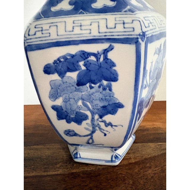 1970s Vintage 15″ Blue & White Ceramic Vase, Hexagonal Shape, Hand‑Painted Floral Design For Sale - Image 5 of 9