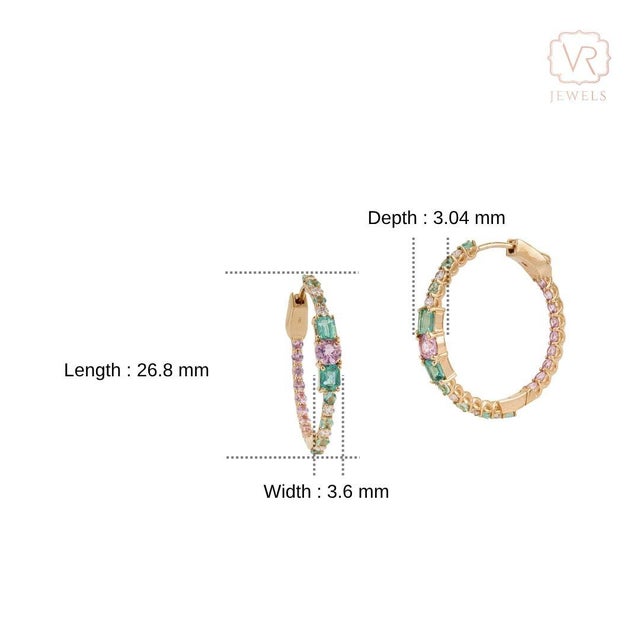 VRJewels 2.39ct Emerald Pink Sapphire & Diamond Snap Back Hoops in 18k Gold- 2 Pieces For Sale - Image 12 of 17