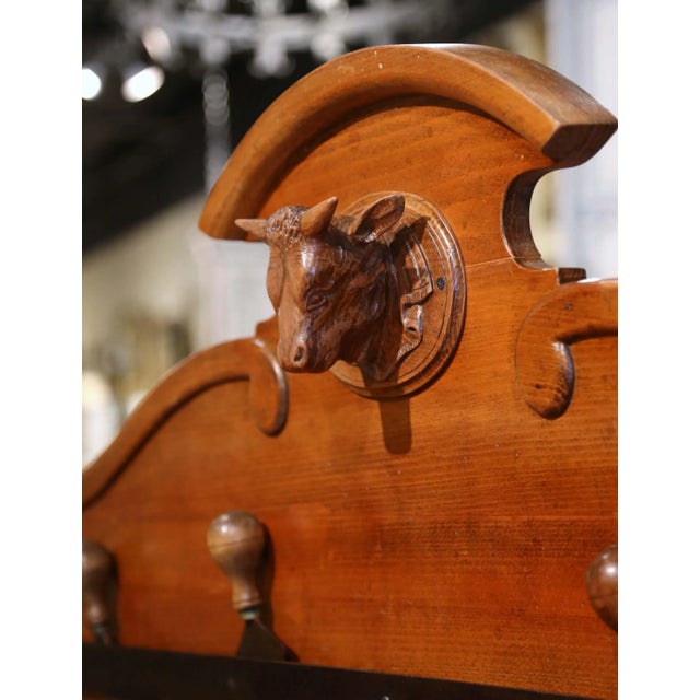 19th Century French Carved Butcher Block With Back, Cow Head and Chopping Knifes For Sale - Image 9 of 12