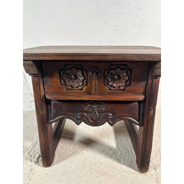 Spanish Castilian Carved Wood Side Table with Iron Hardware, Early 20th Century For Sale - Image 4 of 14