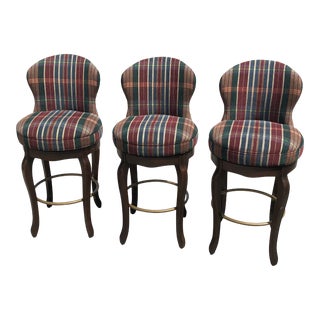 1980s Vintage Wooden Upholstered Swivel Bar Stools - Set of 3 For Sale