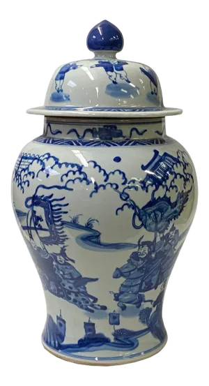 Chinese Blue White Porcelain People Scenery Graphic Temple Jar