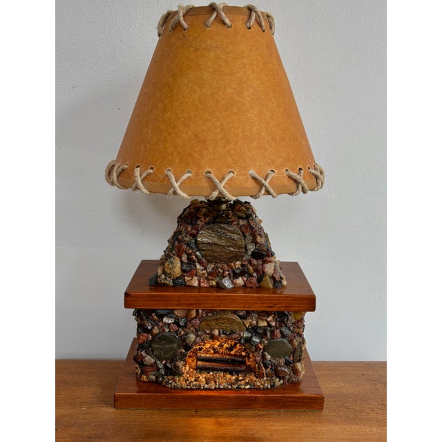 Cabin 1940s Rustic Stone Fireplace Lamp Plus Night Light With Shade For Sale - Image 3 of 12