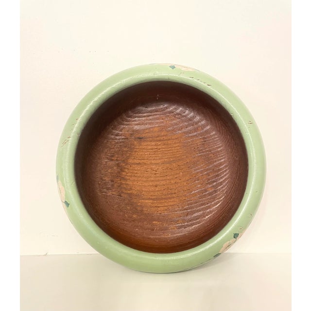 Vintage Folk Art Floral Hand-Painted Solid Wood Bowl, Celadon, Blush Pink, Brown For Sale - Image 4 of 5