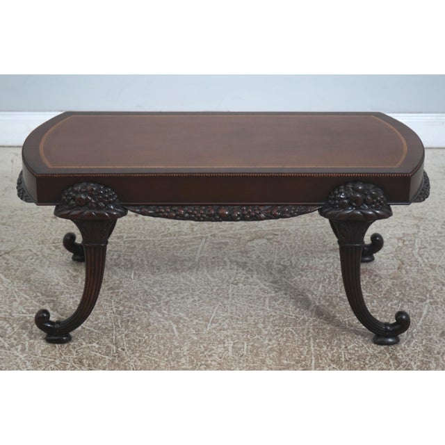 Age: C.1940s Details: Greek Key Embossed Leather Top Mahogany Fine Carved Details Condition: Excellent Condition - Minor...